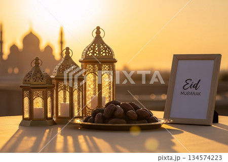 Golden Hour Eid Greeting Mosque Silhouette Lantern Decor 134574223