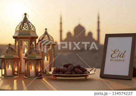 Golden Hour Eid Greeting Mosque Silhouette Lantern Decor 134574227