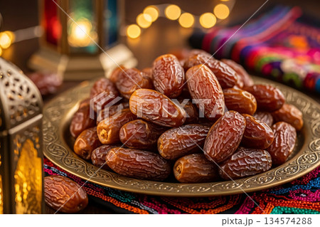 Dates Brass Tray Eid Decor Golden Lighting Still Life 134574288