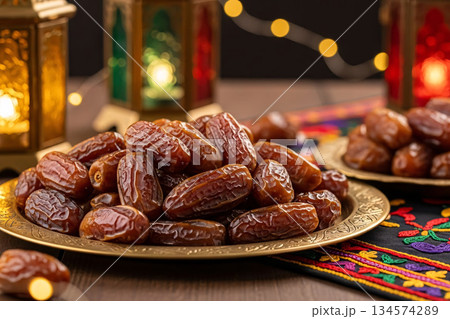 Dates Brass Tray Eid Decor Golden Lighting Still Life 134574289