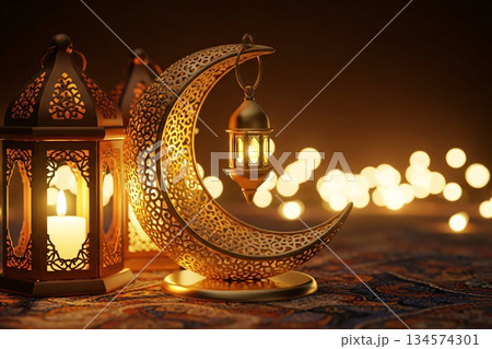 Crescent Moon Islamic Symbol Golden Decor Bokeh Lights Crescent Moon Islamic Symbol Golden Decor Bokeh Lights 134574301