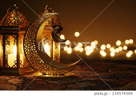 Crescent Moon Islamic Symbol Golden Decor Bokeh Lights Crescent Moon Islamic Symbol Golden Decor Bokeh Lights 134574304