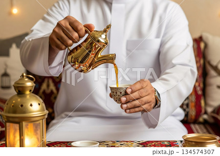 Arabic Coffee Gahwa Pouring Middle Eastern Hospitality Arabic Coffee Gahwa Pouring Middle Eastern Hospitality 134574307