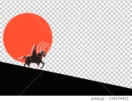 描繪戰國時代武將騎馬迎接新年第一道曙光的場景,新年素材。 描繪戰國時代武將騎馬迎接新年第一道曙光的場景,新年素材。 134574451