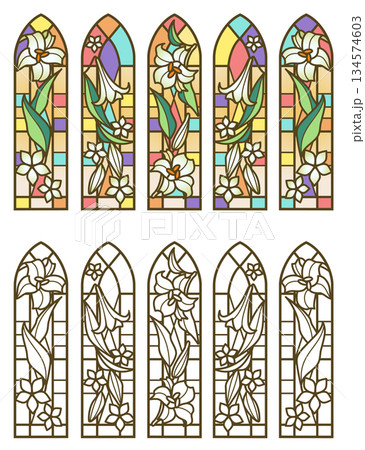 ステンドグラス風の百合の花　イラスト素材セット（カラー・線画） 134574603