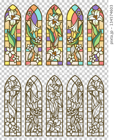 ステンドグラス風の百合の花　イラスト素材セット（カラー・線画） 134574603
