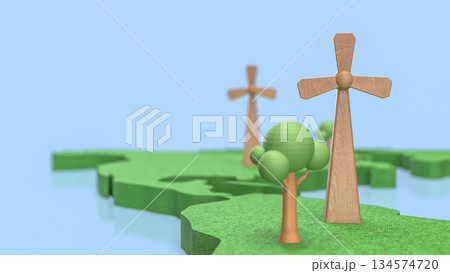 Renewable Energy Landscape with Wooden Wind Turbines 3d render. Renewable Energy Landscape with Wooden Wind Turbines 3d render. 134574720
