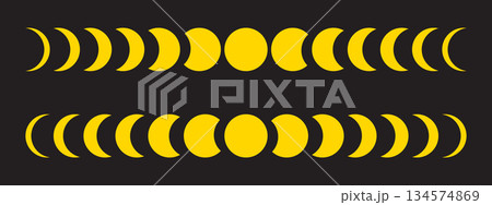 Moon phases. New, quarter, crescent and full Luna or eclipse yellow silhouettes isolated on black background. Lunar calendar cycle. Astrology sings. Mystic boho symbols. Vector flat illustration 134574869