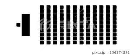 Auditorium seating floorplan top view. Schema of seats in classroom, lectorium, meeting, conference, training, seminar, business event. Desk and chairs silhouettes. Vector graphic illustration 134574881