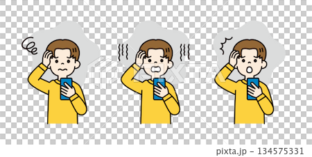 スマートフォンを見て、困る・落ち込む・驚く10代の男性のベクターイラスト素材セット_カラー スマートフォンを見て、困る・落ち込む・驚く10代の男性のベクターイラスト素材セット_カラー 134575331