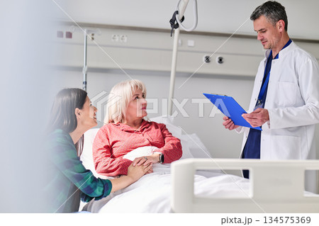 Medical consultation with doctor, patient, and family member in hospital room during daytime Medical consultation with doctor, patient, and family member in hospital room during daytime 134575369