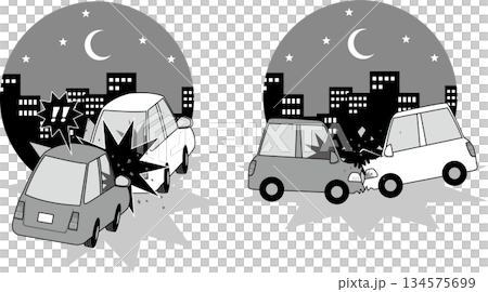交通安全＜夜の事故・追突＆正面衝突・ヒヤリハット・前方不注意・モノクロ・一色・白黒＞ 134575699