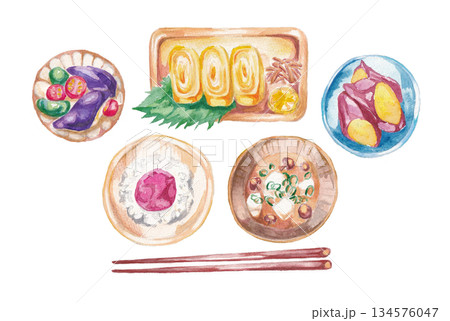 和食の定食の手描き水彩イラスト 和食の定食の手描き水彩イラスト 134576047