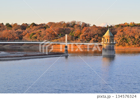 狭山湖 取水塔 富士山 朝焼けの湖畔からの眺め 狭山湖 取水塔 富士山 朝焼けの湖畔からの眺め 134576324