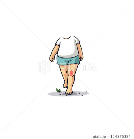 Injured child learning balance with visible scrapes and wearing casual clothes and barefoot and 134576384