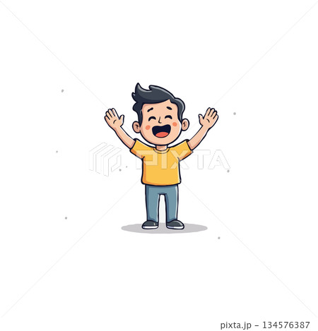 Joyful cartoon boy spreading happiness with arms raised, expressing enthusiasm and excitement in a 134576387