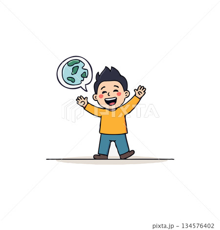Joyful young boy embracing environmental consciousness and global harmony with an enthusiastic 134576402