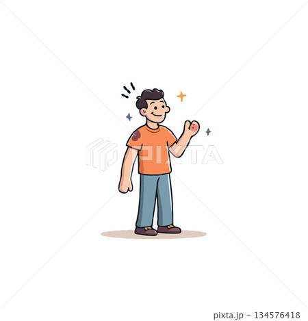 Cartoon illustration of a cheerful young man waving, emitting a bright, optimistic vibe with 134576418