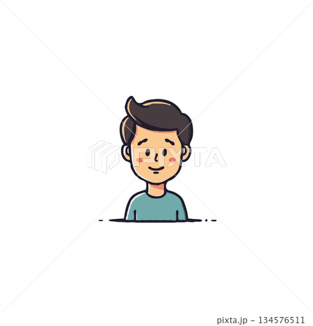 Cartoon style character illustration featuring a boy with a contented expression on a plain 134576511