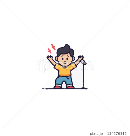 Enthusiastic child singer with microphone, cartoon style illustration portraying youthful energy 134576515