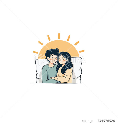 Illustration depicting a young couple embracing affectionately with a warm sun shining in the 134576520