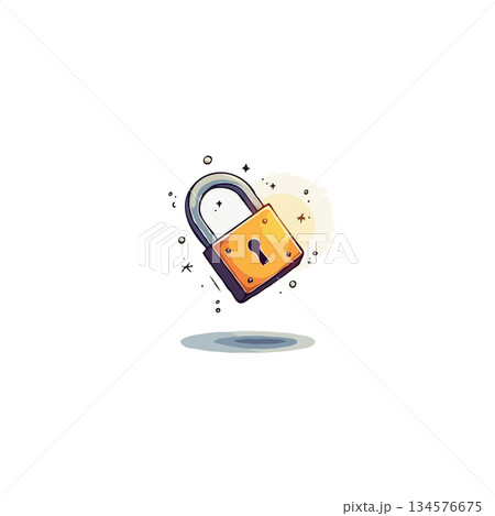 Secure digital realm: Cartoon padlock representing protection, encryption, and online safety, Secure digital realm: Cartoon padlock representing protection, encryption, and online safety, 134576675