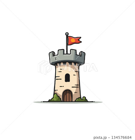 Cartoon medieval watchtower with red flag atop stands solitarily a playful depiction of historical 134576684