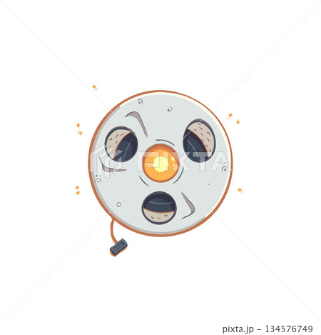 Whimsical cartoon illustration of a vintage film reel character with expressive facial features Whimsical cartoon illustration of a vintage film reel character with expressive facial features 134576749