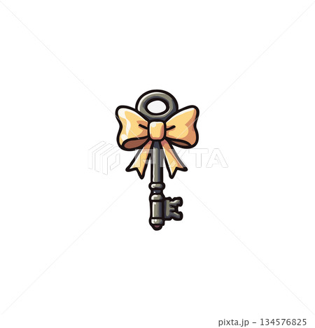 Antique ornamented key with a golden bow illustration for elegant designs and decorations for Antique ornamented key with a golden bow illustration for elegant designs and decorations for 134576825