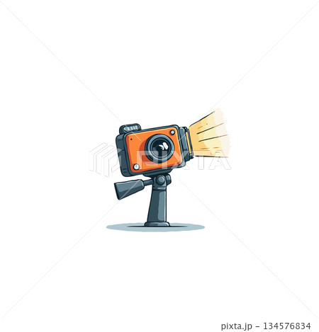 Unique orange cartoon style camera illustration with spotlight capturing creative moments in time Unique orange cartoon style camera illustration with spotlight capturing creative moments in time 134576834