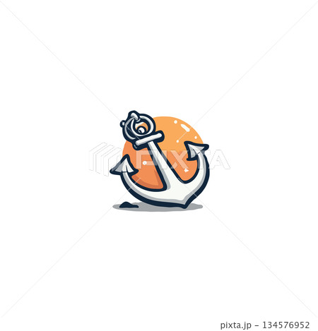 Stylized cartoon anchor illustration in front of a soft orange circle providing nautical or Stylized cartoon anchor illustration in front of a soft orange circle providing nautical or 134576952
