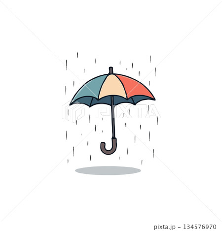 Stylized representation of a colorful umbrella in a rain shower showcasing simple design elements Stylized representation of a colorful umbrella in a rain shower showcasing simple design elements 134576970