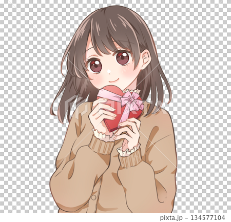 ハート型の箱に入ったチョコレートを持ったバレンタインの女の子　笑顔 134577104