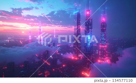 Abstract colorful background of city lights in the night featuring an urban skyscraper skyline with celebration stars and dark architectural traffic views Abstract colorful background of city lights in the night featuring an urban skyscraper skyline with celebration stars and dark architectural traffic views 134577110