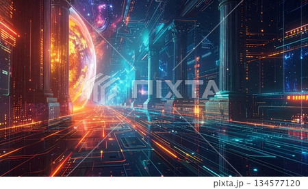 Illuminated fractal realms of the urban skyline glow at night as light trails from highway traffic weave through the architecture of a downtown Hong Kong skyscraper Illuminated fractal realms of the urban skyline glow at night as light trails from highway traffic weave through the architecture of a downtown Hong Kong skyscraper 134577120