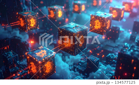 Abstract futuristic digital background with glowing blue stars and purple energy loops creates a shiny motion backdrop for a bright holiday space design illustration 134577125