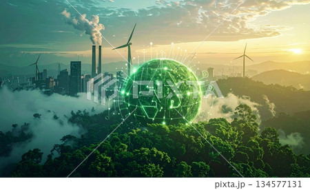 A person's hand holding a green planet globe represents a global business concept focused on environment, ecology, and nature within a digital communication network A person's hand holding a green planet globe represents a global business concept focused on environment, ecology, and nature within a digital communication network 134577131