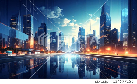 Vector illustration of a glowing Hong Kong city skyline at night featuring urban skyscrapers and office tower architecture in a panoramic downtown landscape view 134577150