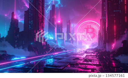 A futuristic digital art wallpaper featuring a glowing blue abstract fractal background with purple particles and light motion energy waves across a dark science technology universe space 134577161