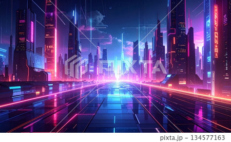 A futuristic digital art wallpaper featuring a glowing blue abstract fractal background with purple particles and light motion energy waves across a dark science technology universe space 134577163