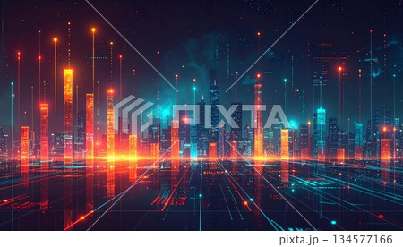 Glow of colorful night city lights and bright holiday fireworks creates a celebratory explosion of stars and shine against a dark sky background 134577166