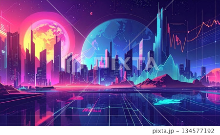 Abstract urban music background featuring a colorful night cityscape with vibrant traffic lights and architectural skyscrapers in a stylized vector skyline 134577192