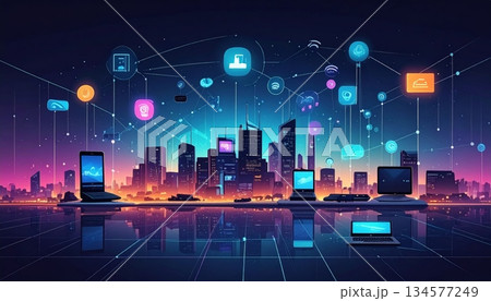 A glowing night city landscape transformed into a bright music stage with spotlight beams and disco lights for a club party event entertainment illustration 134577249