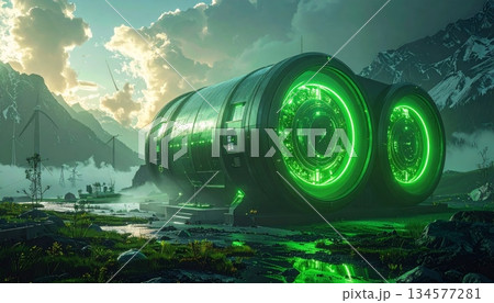 A freight locomotive pulls a cargo wagon transporting an industrial oil tanker and gas tank along the metal railroad tracks of a busy transport station 134577281