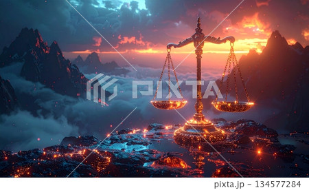 Vector illustration of New Year's Eve fireworks in the city featuring a justice scale icon as a legal business symbol and silhouette design 134577284