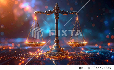 Vector illustration of New Year's Eve fireworks in the city featuring a justice scale icon as a legal business symbol and silhouette design 134577285