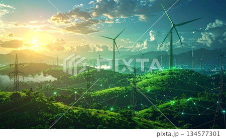 Renewable energy wind turbines generate green power across a scenic landscape of mountains and grassy fields under a blue sky as a sustainable farm technology for a clean environment 134577301