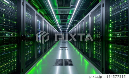 A computer network server room within a modern data center building architecture features a long corridor floor illuminated by bright light like a futuristic subway station or airport travel tunnel A computer network server room within a modern data center building architecture features a long corridor floor illuminated by bright light like a futuristic subway station or airport travel tunnel 134577315