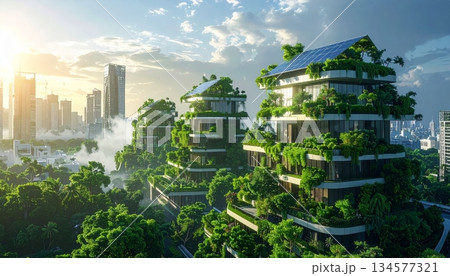 Aerial panorama of a modern urban cityscape featuring a downtown skyline with glass skyscrapers, office towers, and green park trees in a Singapore business district Aerial panorama of a modern urban cityscape featuring a downtown skyline with glass skyscrapers, office towers, and green park trees in a Singapore business district 134577321