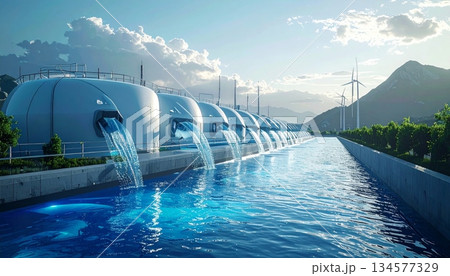 A serene morning view of the hotel swimming pool overlooking the urban city architecture where the blue sky meets a distant lake and fountain 134577329